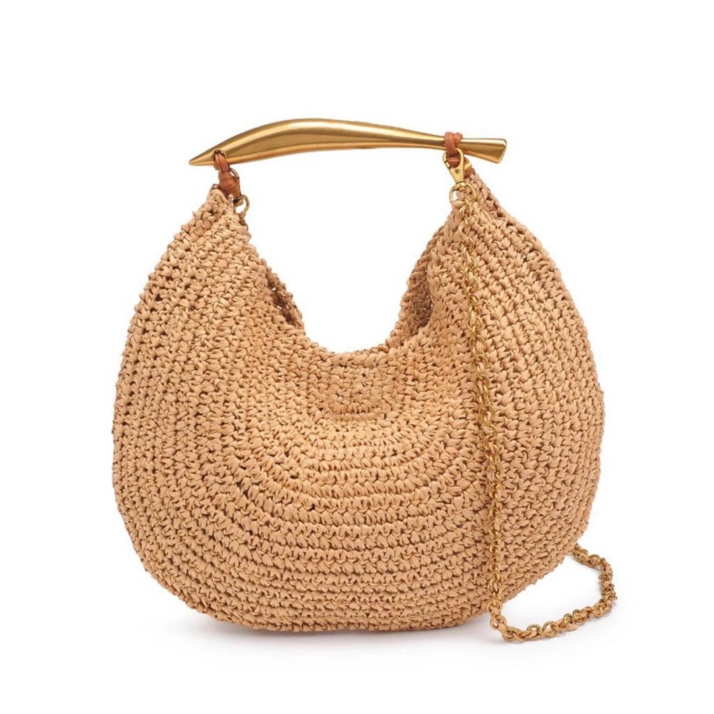 Elegant Tan Woven Bag with Gold Handle